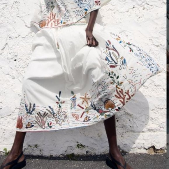 Zara Sea-Life Embroidered Long Cotton Skirt  Ecru XL - Picture 5 of 16